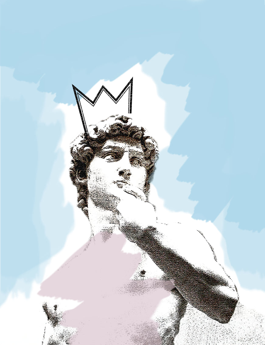 Representation of Michelangelo's David wearing a crown.