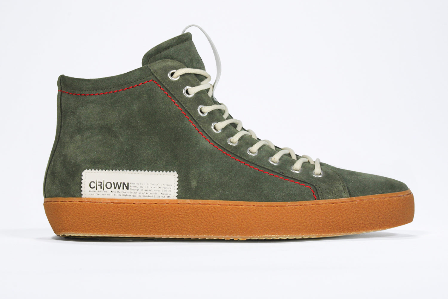 Men's ORIGINAL LC17 High-top Khaki Suede Sneaker displays the red stitiching and patchwork logo, shown from the side profile.