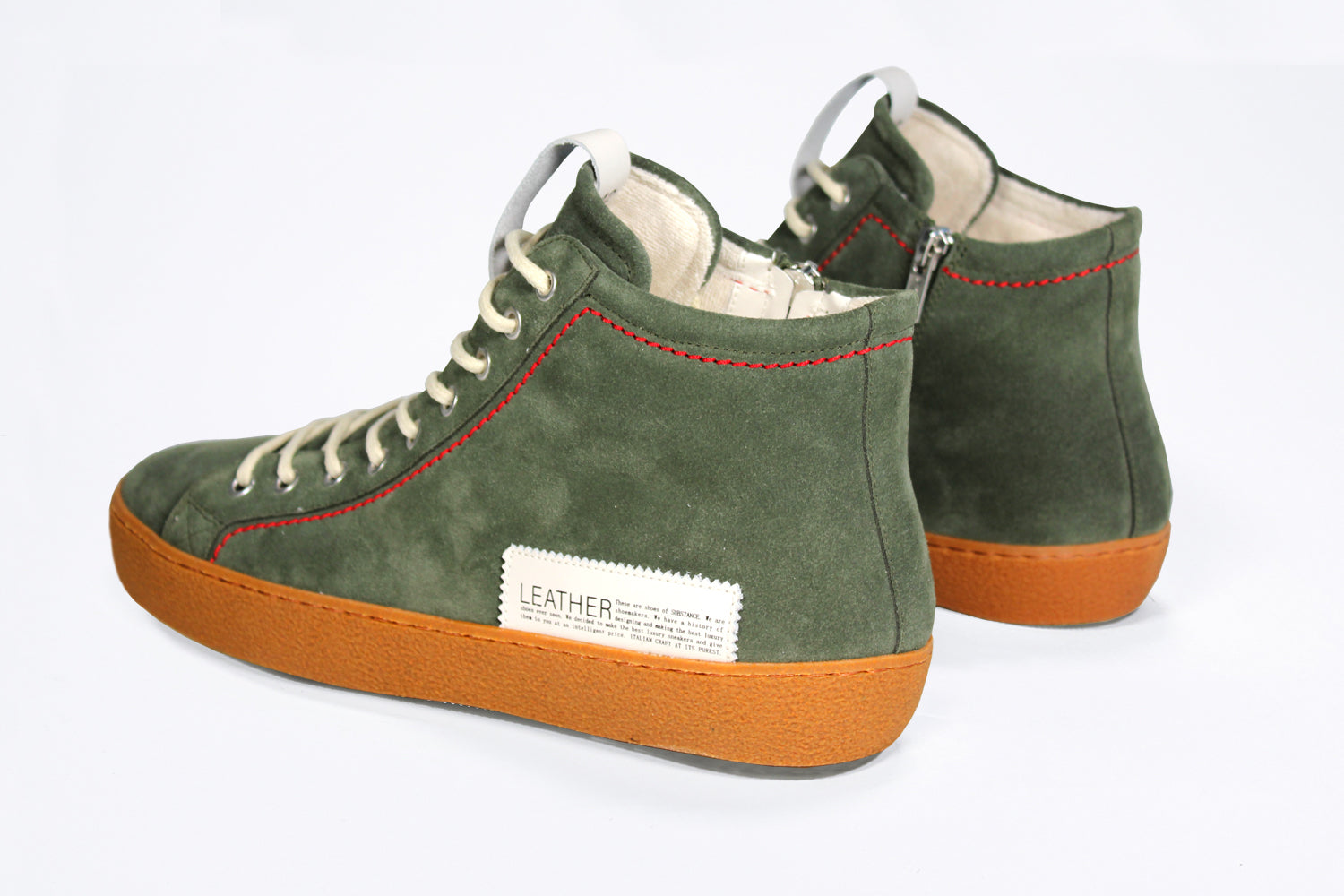 Men's ORIGINAL LC17 High-top Khaki Suede Sneaker, with signature red stitching and a natural rubber sole.