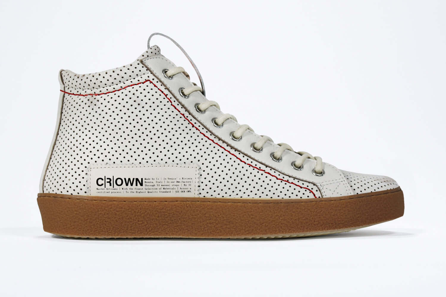Men's ORIGINAL LC17 High-top Perforated Aged-White Leather, displays the red stitiching and patchwork logo, shown from the side profile.