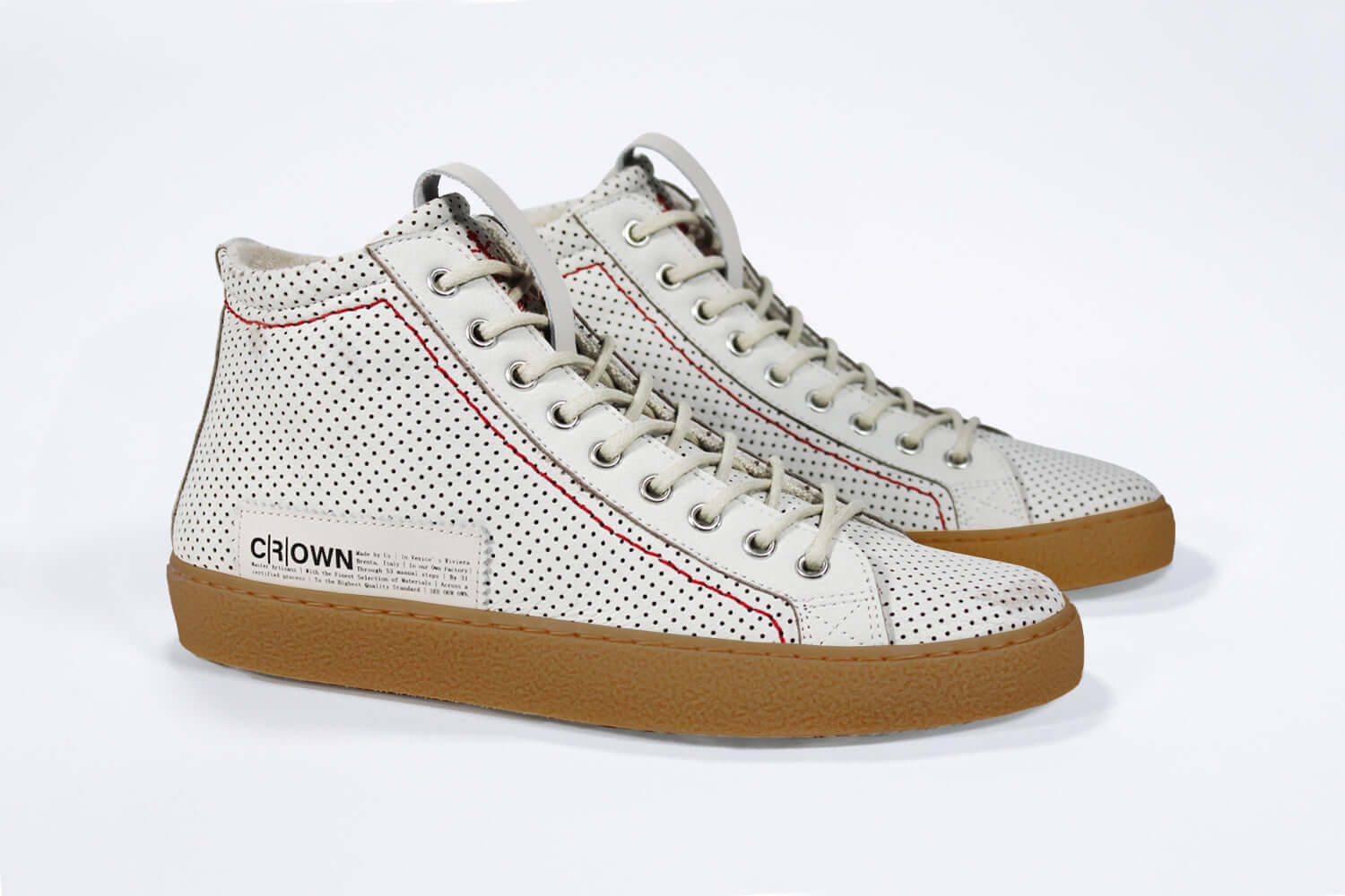 Men's ORIGINAL LC17 High-top Perforated Aged-White Leather sneaker with signature red stitching and a dark natural rubber sole.