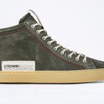 Men's ORIGINAL LC17 High-top Perforated Aged-Khaki Leather, displays the red stitiching and patchwork logo, shown from the side profile.