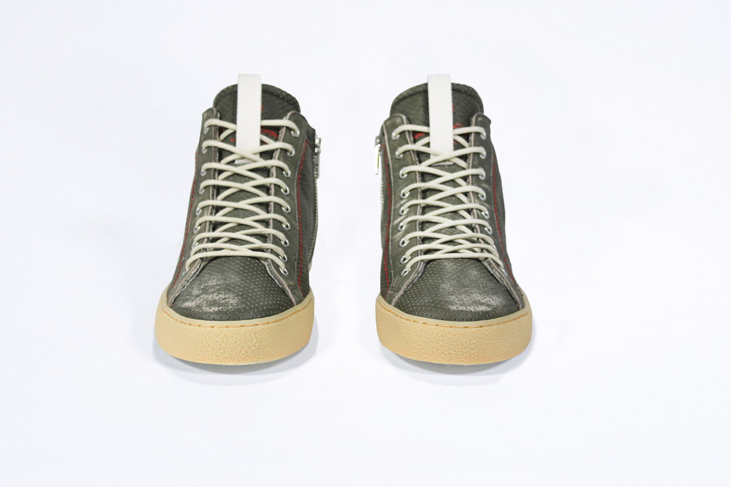 Men's ORIGINAL LC17 High-top Perforated Aged-Khaki Leather sneaker with signature red stitching and a dark natural rubber sole.