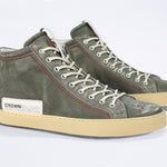 Men's ORIGINAL LC17 High-top Perforated Aged-Khaki Leather sneaker with signature red stitching and a dark natural rubber sole.