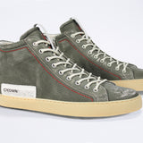 Men's ORIGINAL LC17 High-top Perforated Aged-Khaki Leather sneaker with signature red stitching and a dark natural rubber sole.