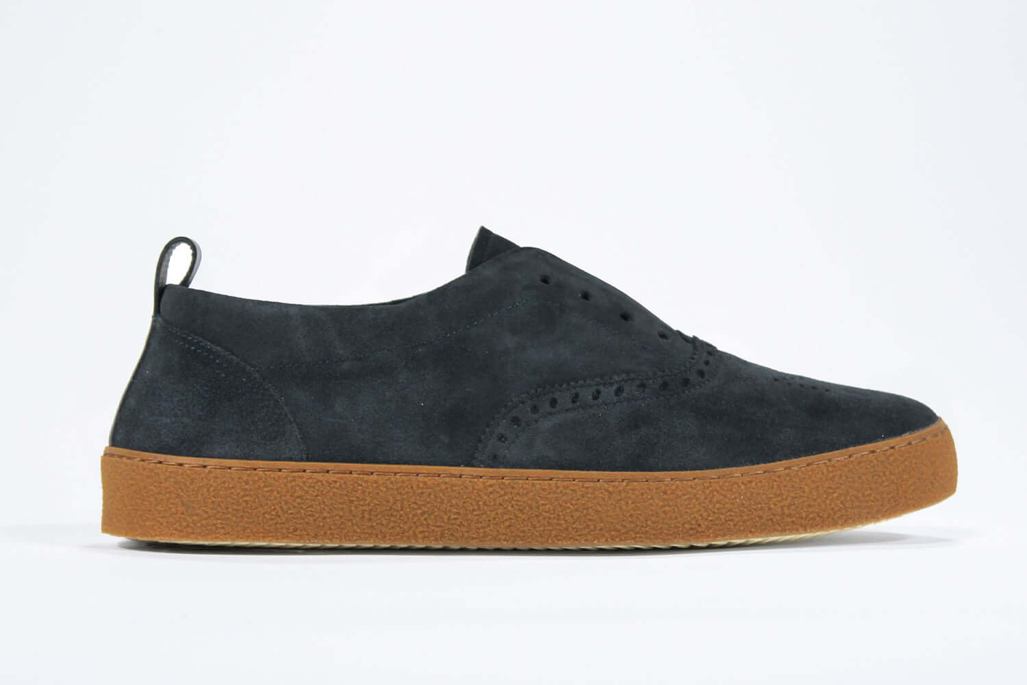  Men's SLIP ON Moccasin Sneaker in Navy Suede shown from the side, showcasing a sleek versatile design.