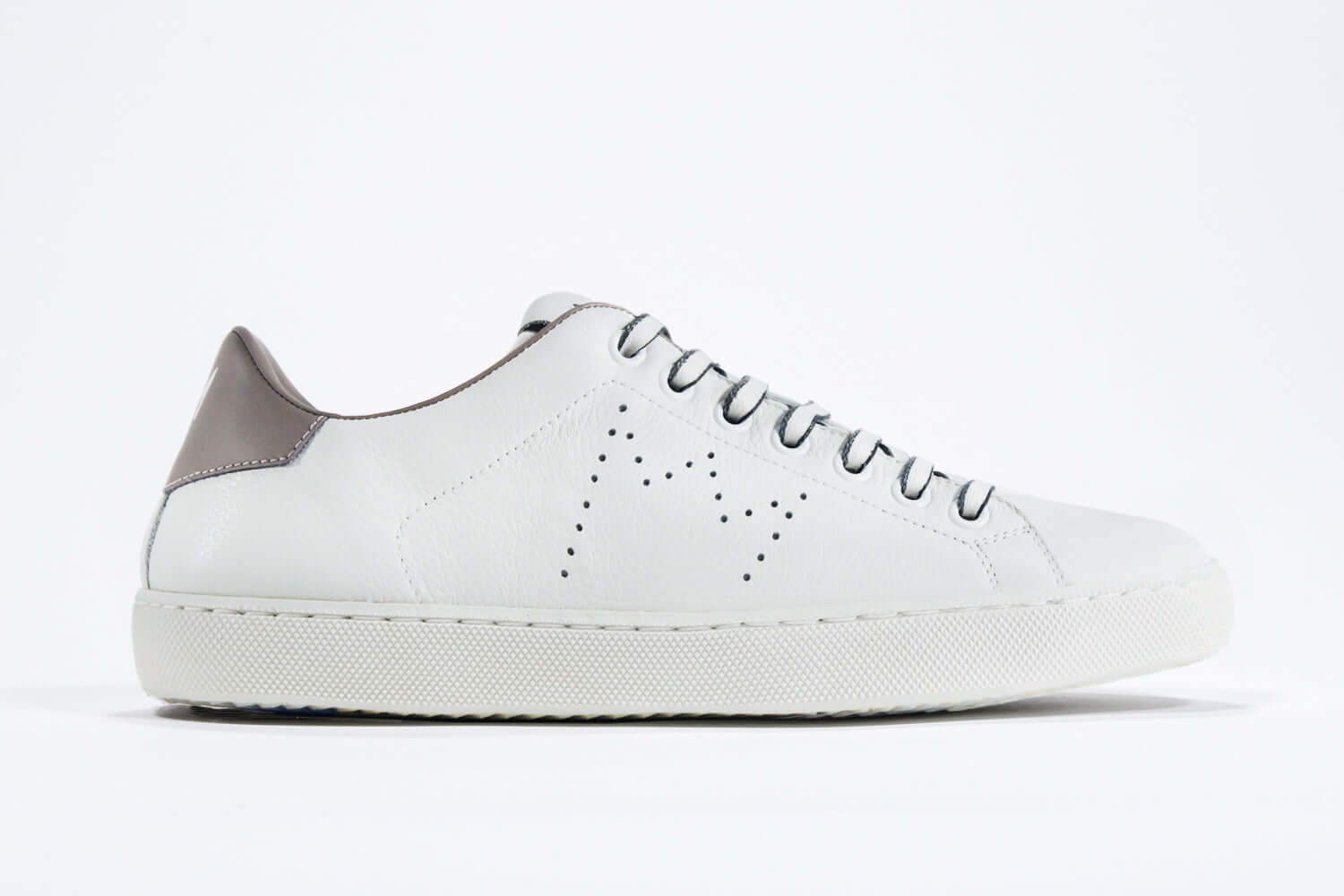 Women’s Low-Top LC06 Sneaker in White & Fawn Leather side view highlighting the leather design.