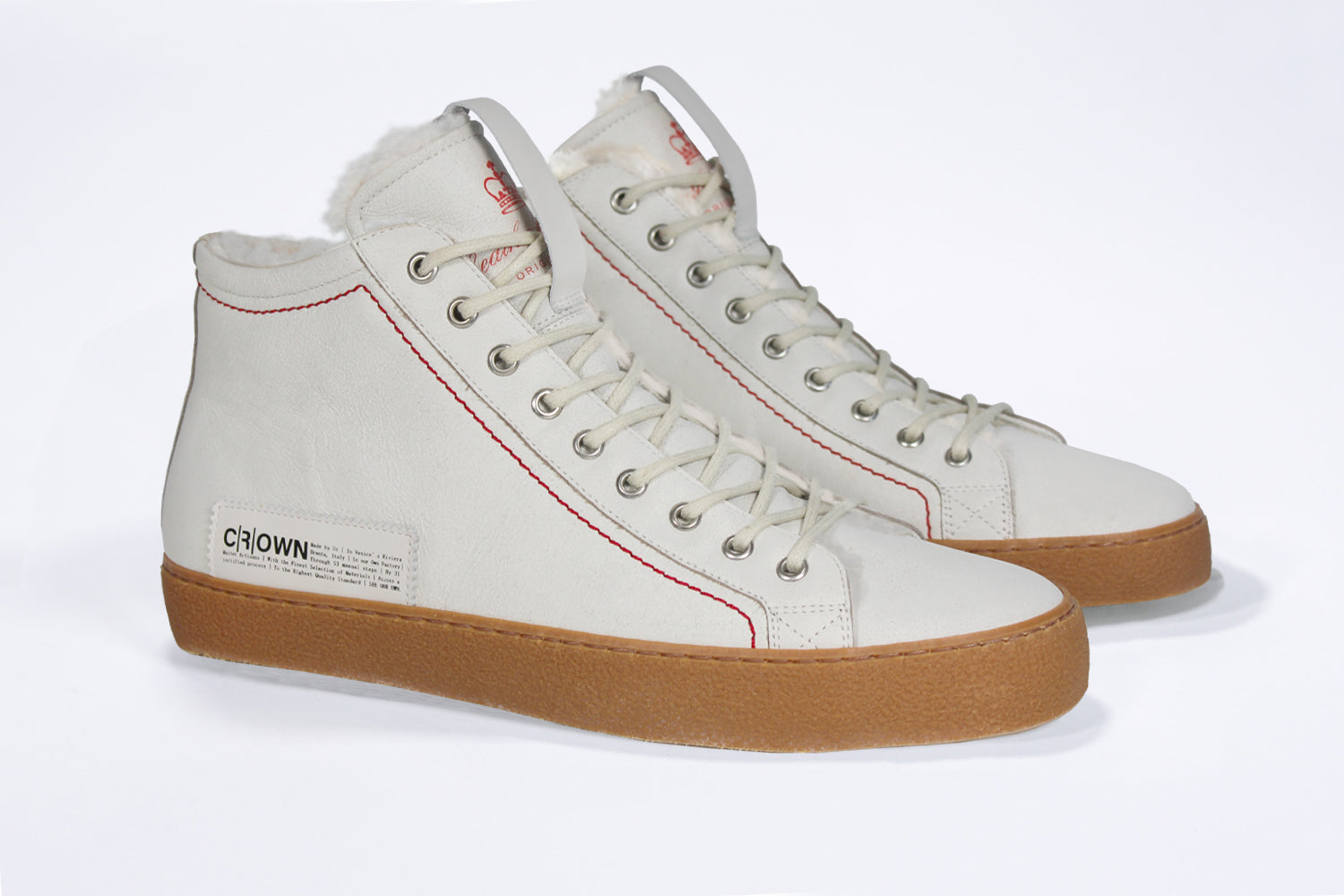  Women's ORIGINAL LC17 Fur-lined High-top in White Leather sneaker with signature red stitching and a natural rubber sole.