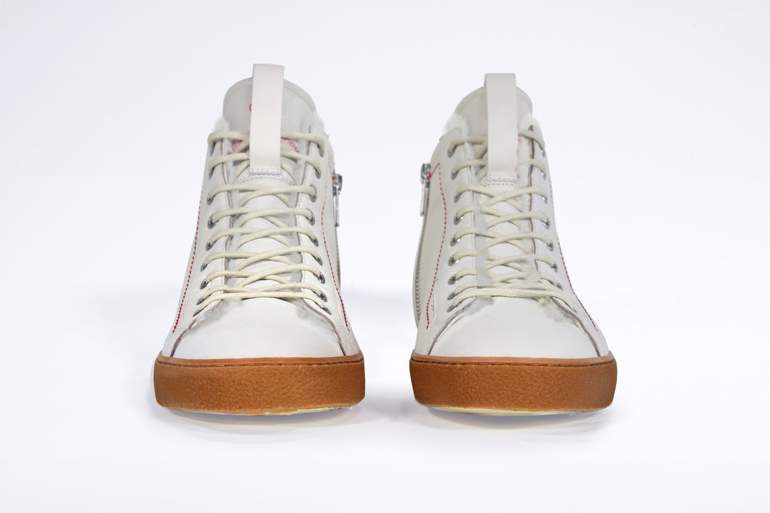 Women's ORIGINAL LC17 Fur-lined High-top in White Leather sneaker. with signature red stitching and natural rubber sole.