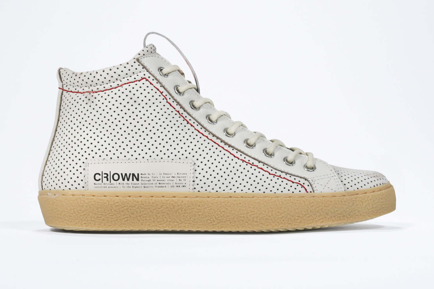  Women's ORIGINAL LC17 High-top Perforated Aged-White Leather, displays the red stitiching and patchwork logo, shown from the side profile.