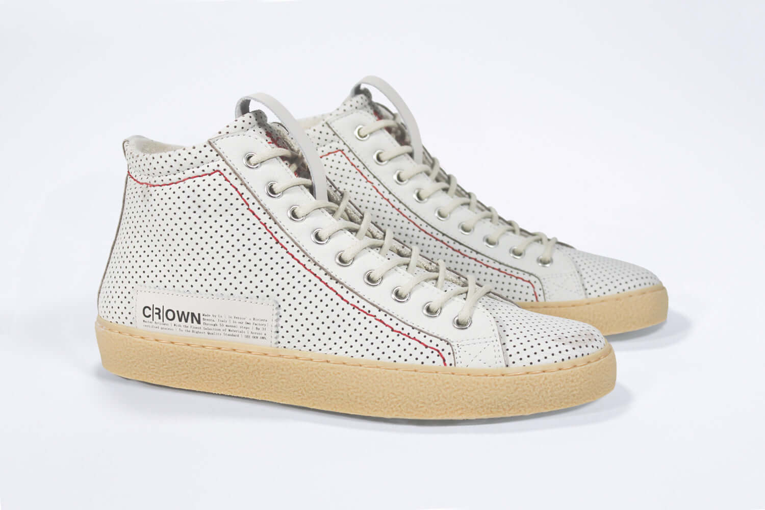  Women's ORIGINAL LC17 High-top Perforated Aged-White Leather sneaker with signature red stitching and a dark natural rubber sole.