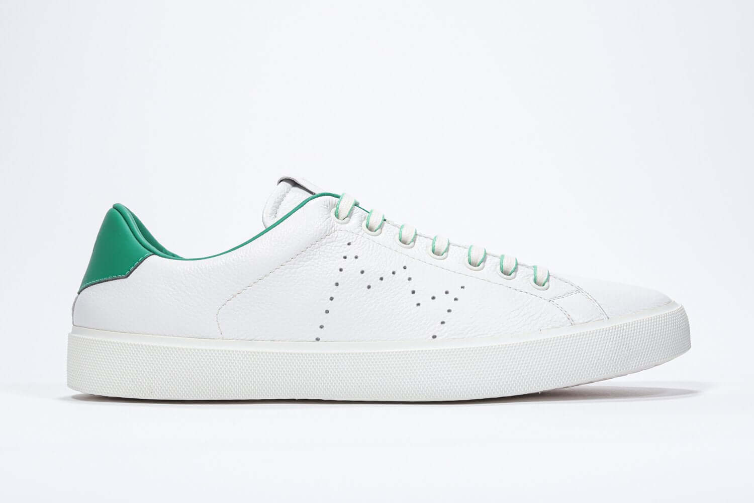Men’s Italian Low-Top LC06 Sneaker in White & Green Leather side view showcasing full grain leather and perforated logo.