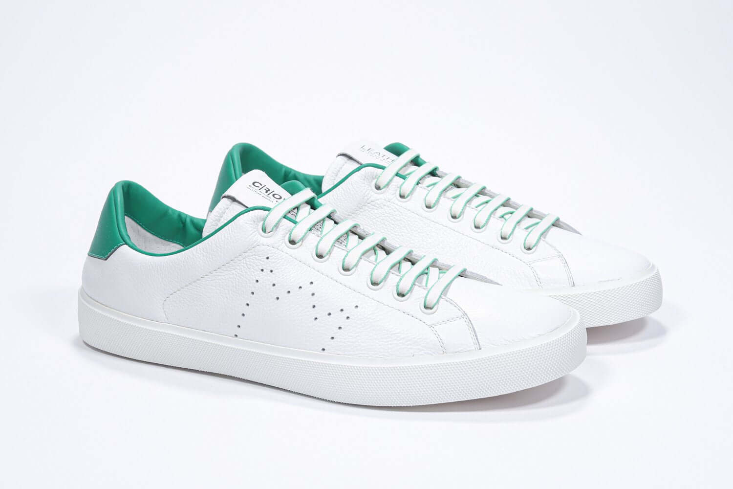 Men’s Italian Low-Top LC06 Sneaker in White & Green Leather with perforated logo and stylish design.